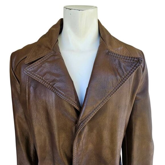 Vintage Reed Sportswear Leather Car Coat Men’s 42 Brown Button Overcoat Jacket - Picture 2 of 15